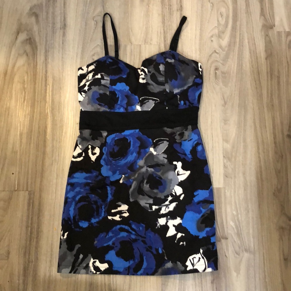 Blue, black and white dress